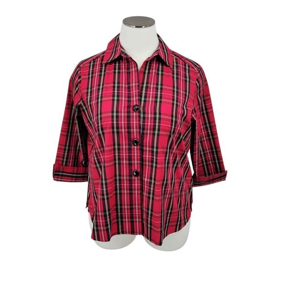 Foxcroft Tartan Red Plaid Button-Up Shirt Women's Plus Size 18W Shaped Poplin - Picture 1 of 12